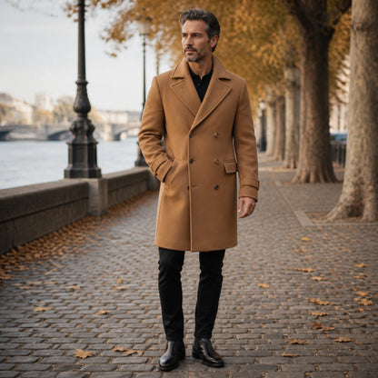 Cognac brown double breasted wool winter coat complete front view — view 4