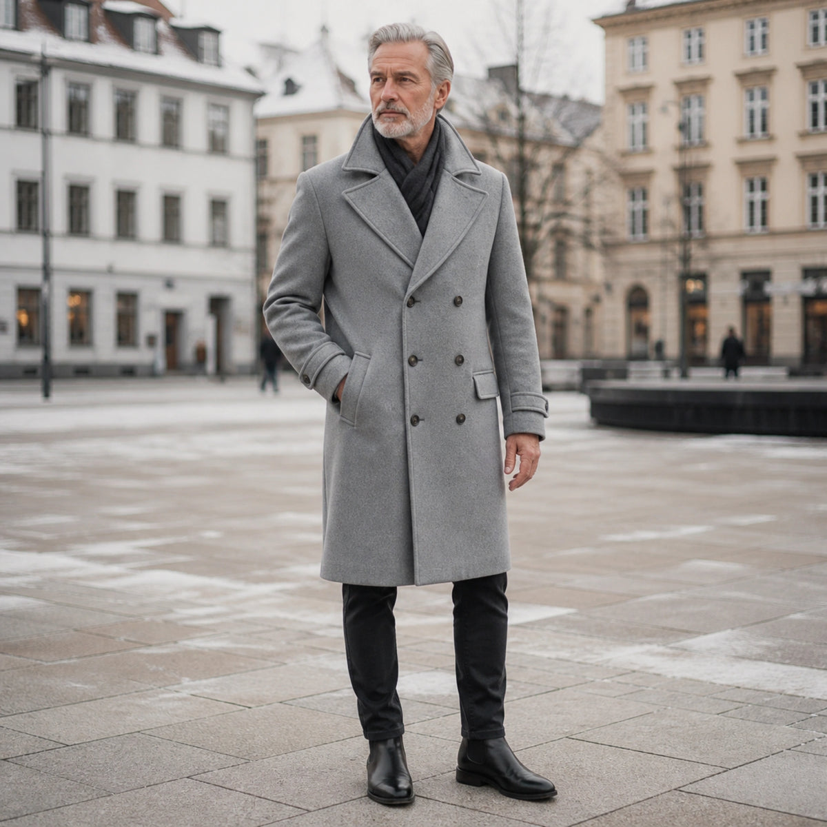 Light gray double breasted wool winter coat complete front view — view 6