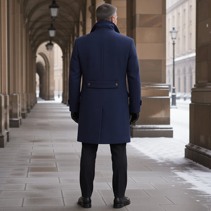 Navy blue double breasted winter coat direct rear view with half belt — view 8