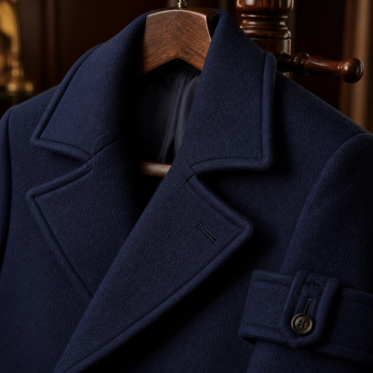 winter coat — Navy blue wool look coat lapel texture cuff tab and stitching detail — view 9