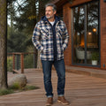 winter coat — Cream multicolor plaid quilted hooded shirt jacket complete front view