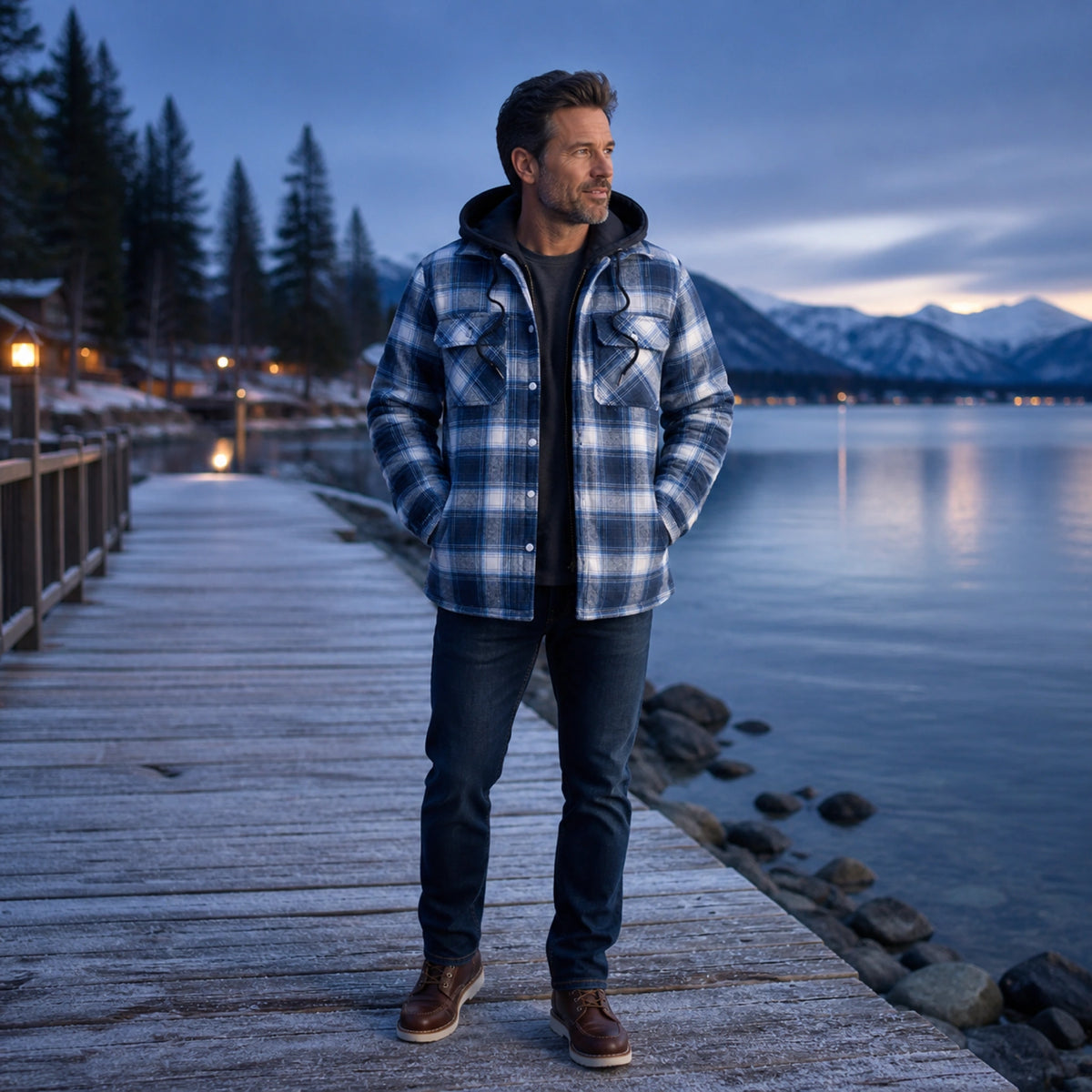 winter coat — Light blue plaid quilted hooded shirt jacket complete front view — view 2