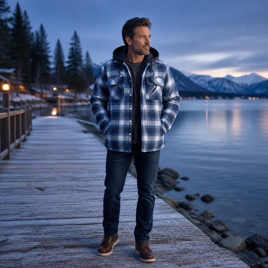 winter coat — Light blue plaid quilted hooded shirt jacket complete front view — view 2