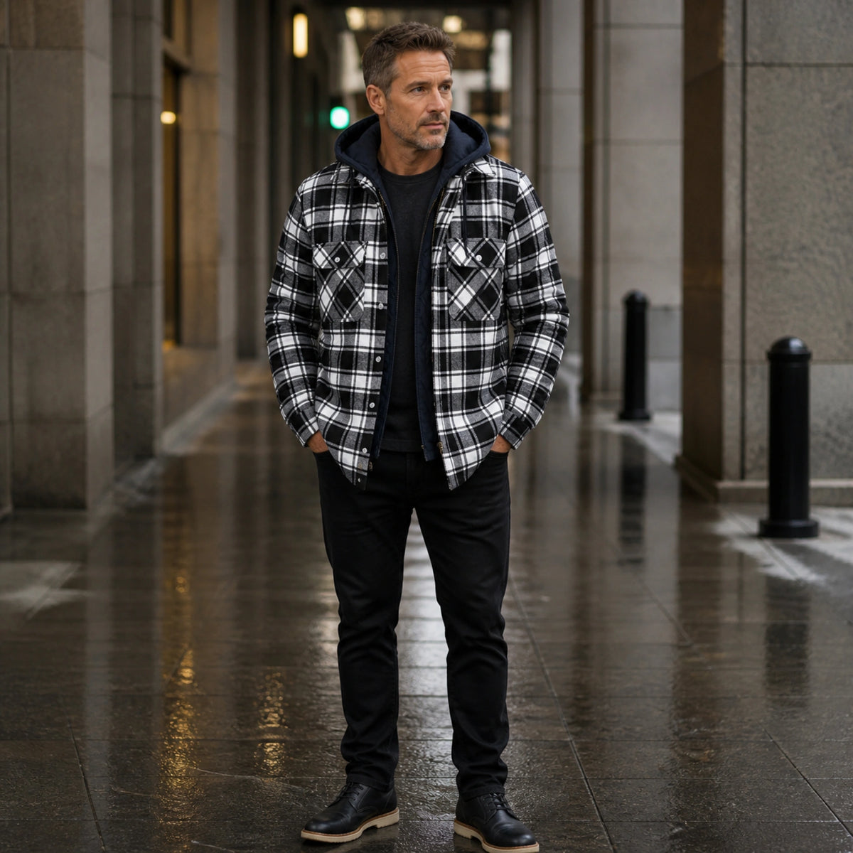 winter coat — Black and white plaid quilted hooded shirt jacket complete front view — view 4