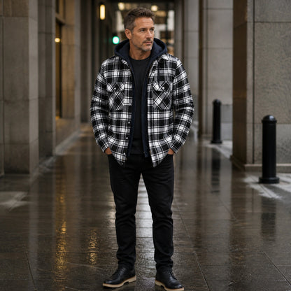 winter coat — Black and white plaid quilted hooded shirt jacket complete front view — view 4