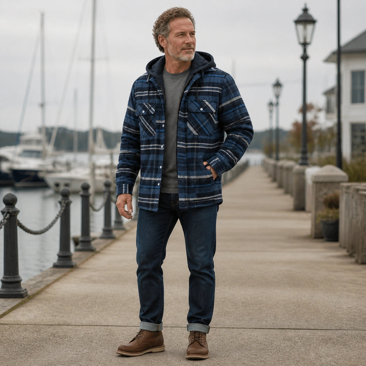 winter coat — Navy gray plaid quilted hooded shirt jacket complete front view — view 6