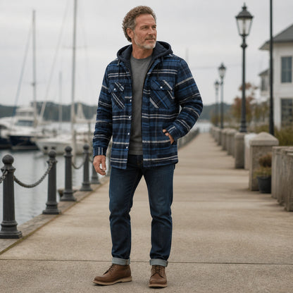 winter coat — Navy gray plaid quilted hooded shirt jacket complete front view — view 6