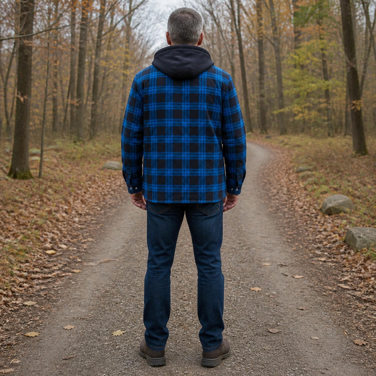 winter coat — Cobalt blue plaid hooded shirt jacket direct rear view — view 8