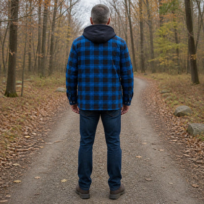 winter coat — Cobalt blue plaid hooded shirt jacket direct rear view — view 8