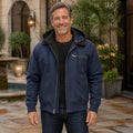 winter coat — Navy blue fleece lined hooded bomber jacket complete front view