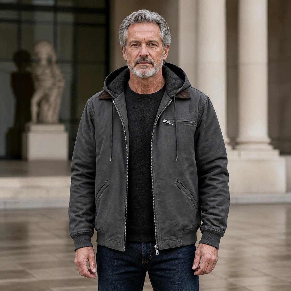 winter coat — Charcoal gray fleece lined hooded bomber jacket complete front view — view 4