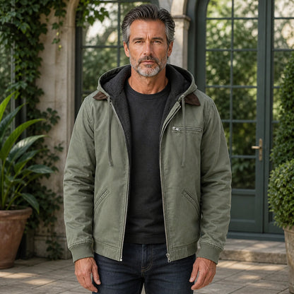 winter coat — Sage green fleece lined hooded bomber jacket complete front view — view 5