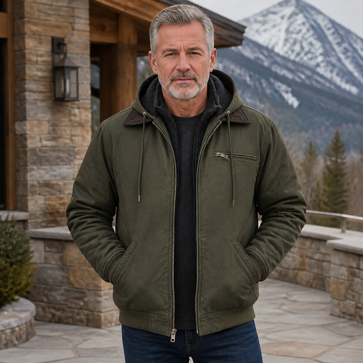 winter coat — Dark olive green fleece lined hooded bomber jacket complete front view — view 6