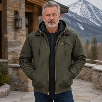 winter coat — Dark olive green fleece lined hooded bomber jacket complete front view — view 6
