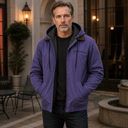 winter coat — Deep purple fleece lined hooded bomber jacket complete front view — view 7