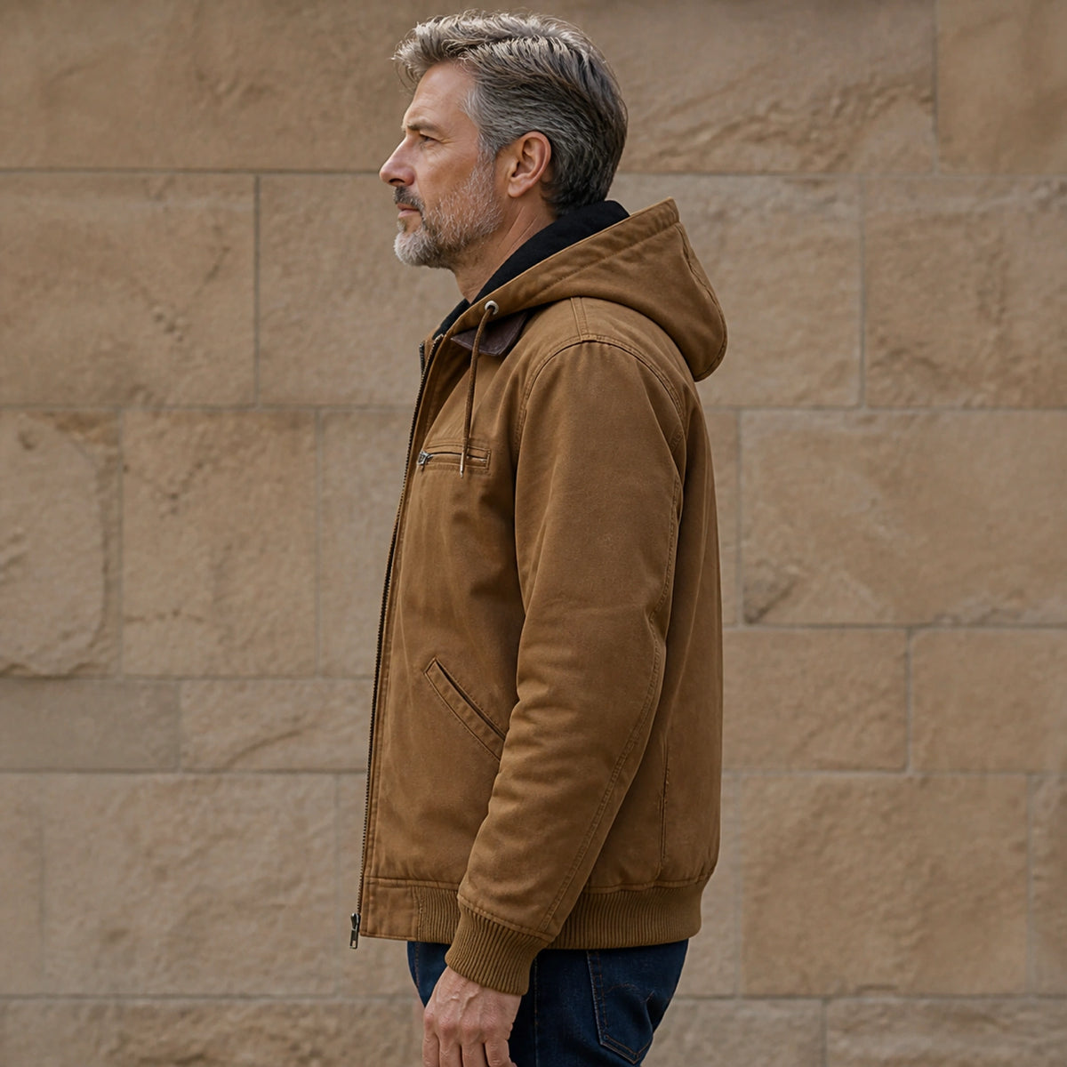 winter coat — Warm brown fleece lined hooded bomber jacket true side view — view 8