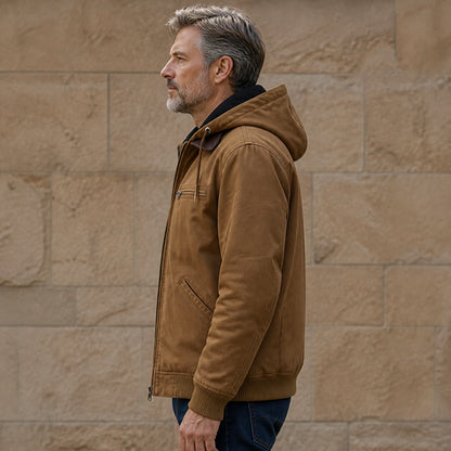 winter coat — Warm brown fleece lined hooded bomber jacket true side view — view 8