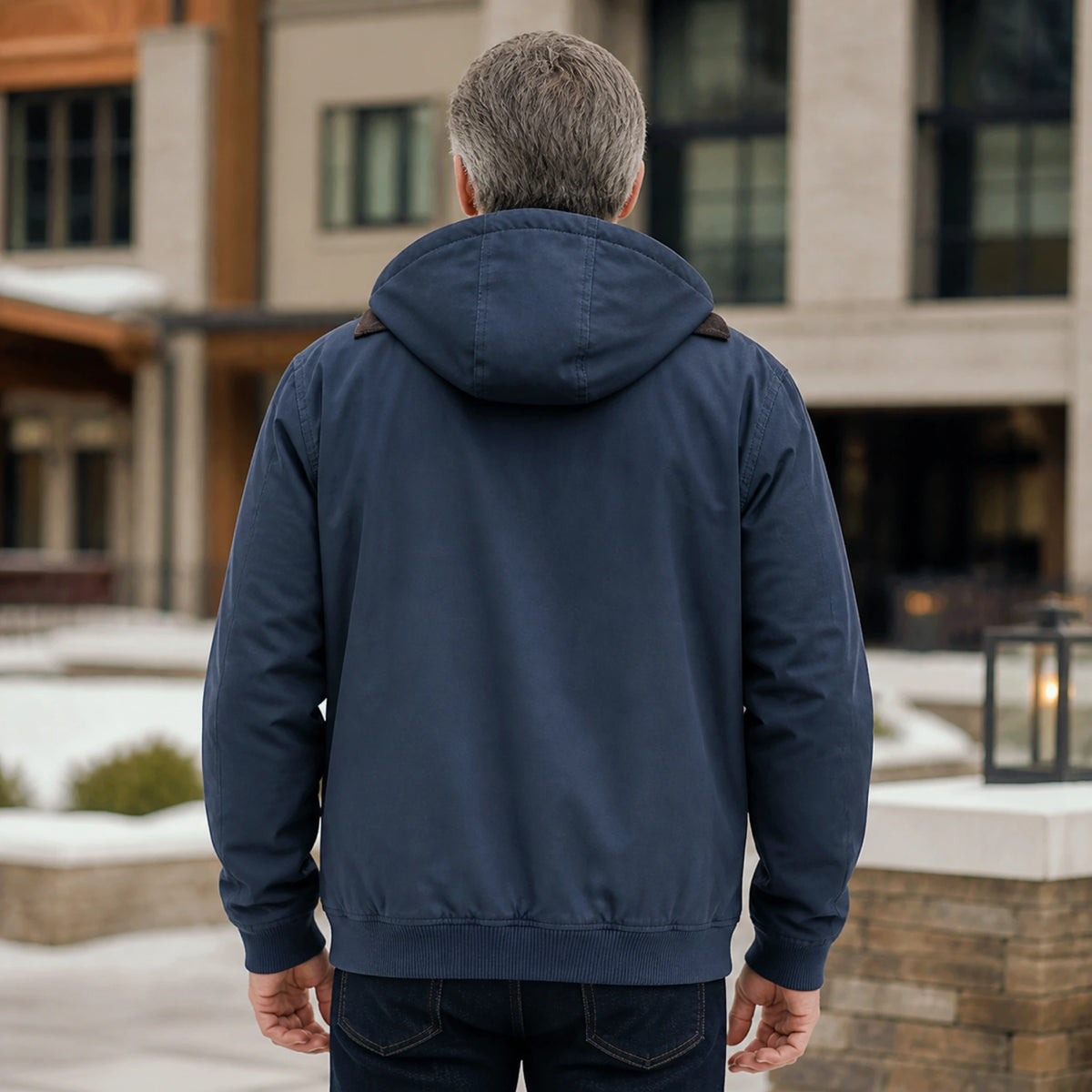 winter coat — Navy blue fleece lined hooded bomber jacket direct rear view — view 9