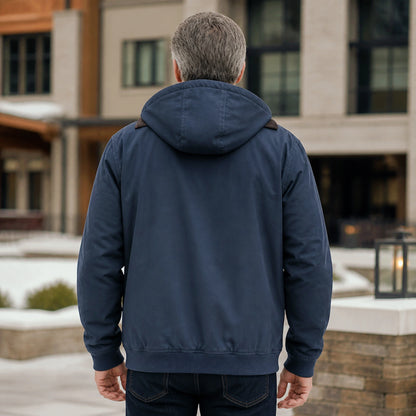 winter coat — Navy blue fleece lined hooded bomber jacket direct rear view — view 9