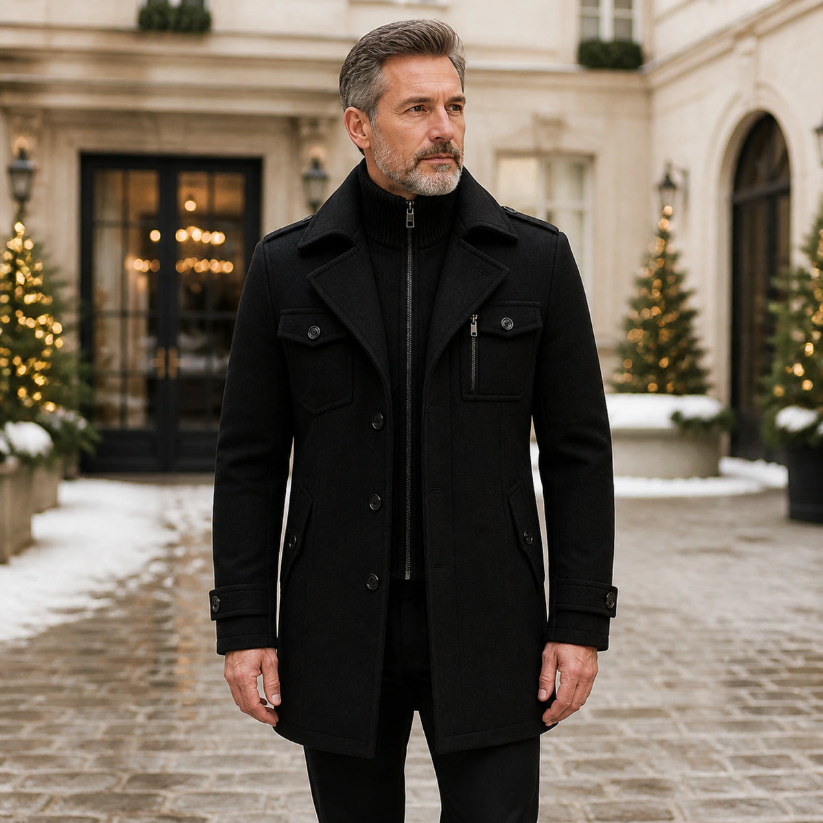 winter coat — Black layered collar wool field coat complete front view