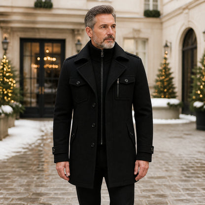 winter coat — Black layered collar wool field coat complete front view