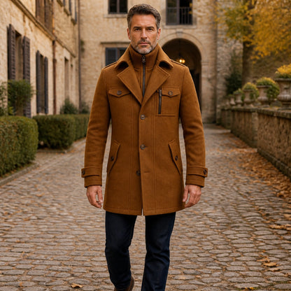 winter coat — Cognac brown layered collar wool field coat complete front view — view 2