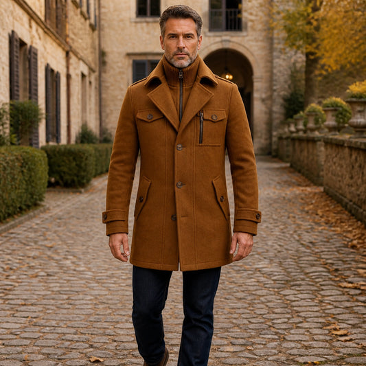 winter coat — Cognac brown layered collar wool field coat complete front view — view 2