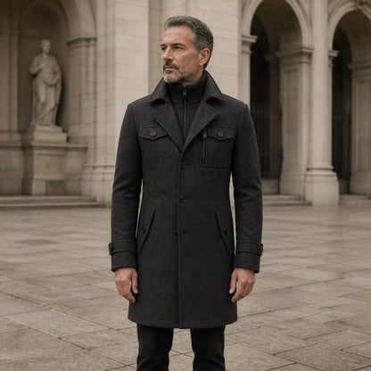 winter coat — Charcoal gray layered collar wool field coat complete front view — view 3