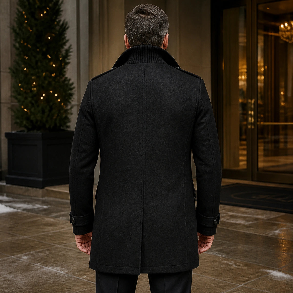 winter coat — Black wool field coat direct rear view — view 5