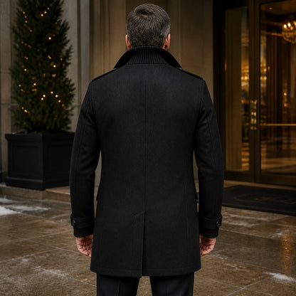 winter coat — Black wool field coat direct rear view — view 5