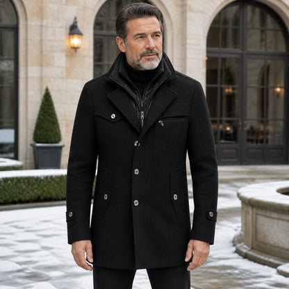 Black quilted lining funnel neck wool winter coat complete front view