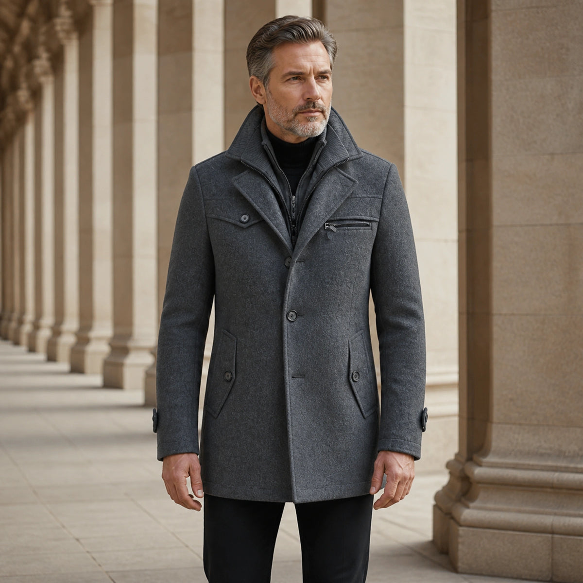 Charcoal gray quilted lining funnel neck wool winter coat complete front view — view 2