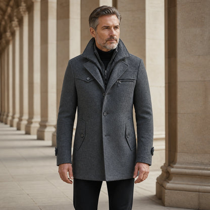 Charcoal gray quilted lining funnel neck wool winter coat complete front view — view 2