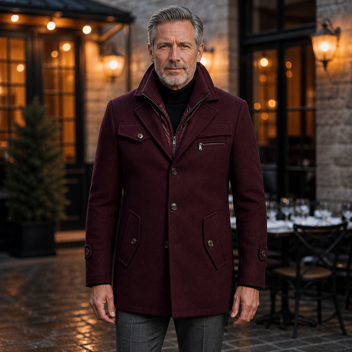 Deep burgundy quilted lining funnel neck wool winter coat complete front view — view 3