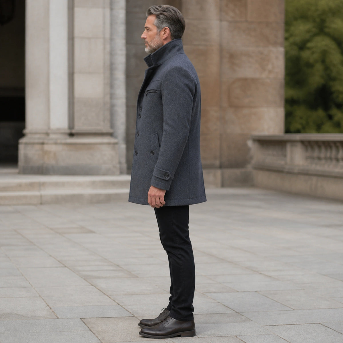 winter coat — Charcoal gray funnel neck wool coat true side view — view 4