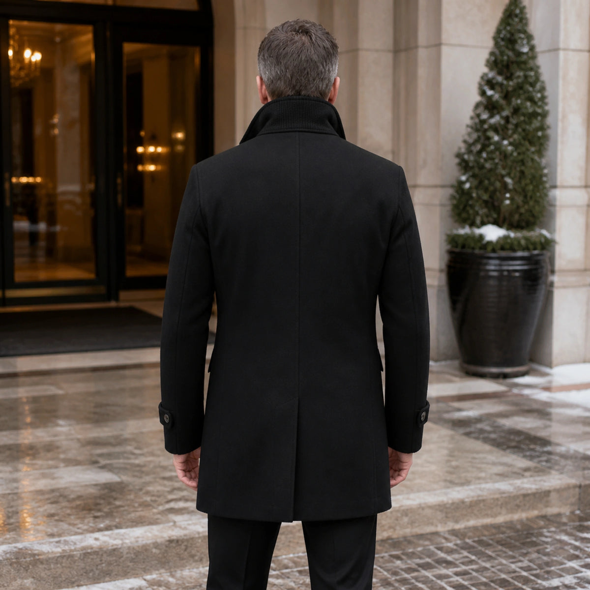Black tailored wool winter coat direct rear view — view 5