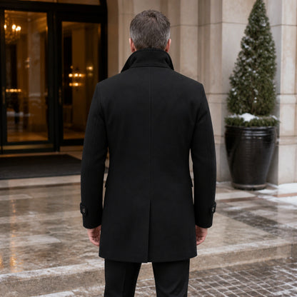 Black tailored wool winter coat direct rear view — view 5
