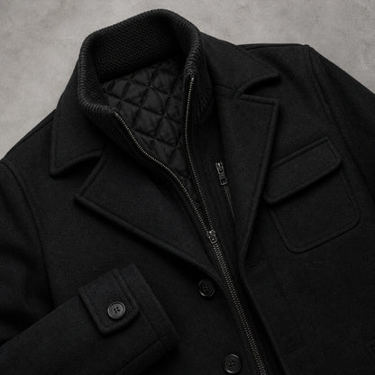 winter coat — Black wool coat funnel collar quilted lining lapel zipper and cuff detail — view 6