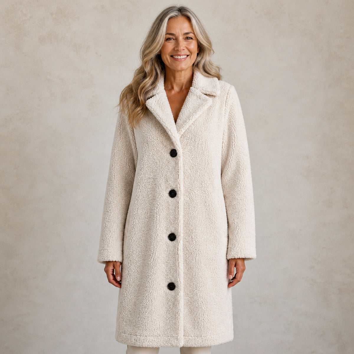 winter coat — Mature woman wearing ivory long teddy fleece button coat front view