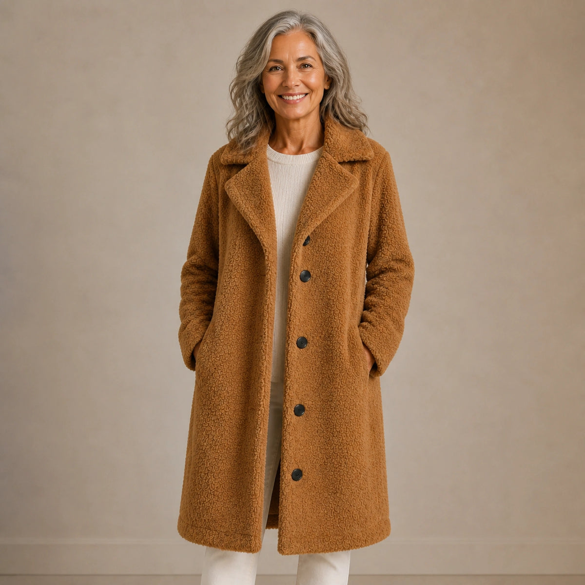 winter coat — Mature woman wearing camel long teddy fleece button coat front view — view 2
