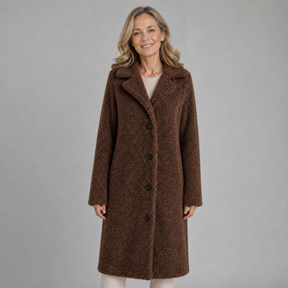 winter coat — Mature woman wearing chocolate brown long teddy fleece button coat front view — view 3