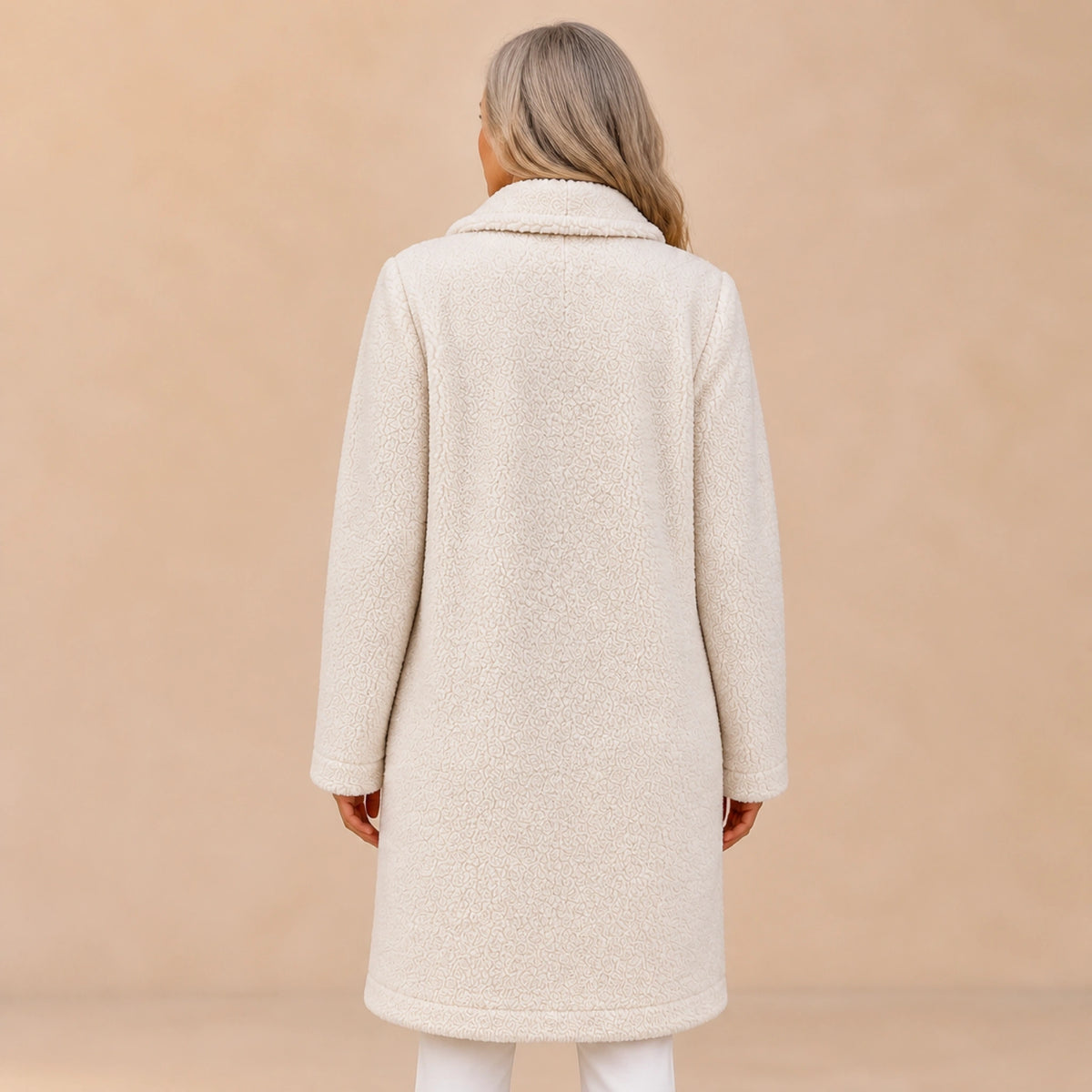 winter coat — Ivory long teddy fleece coat direct rear view — view 4
