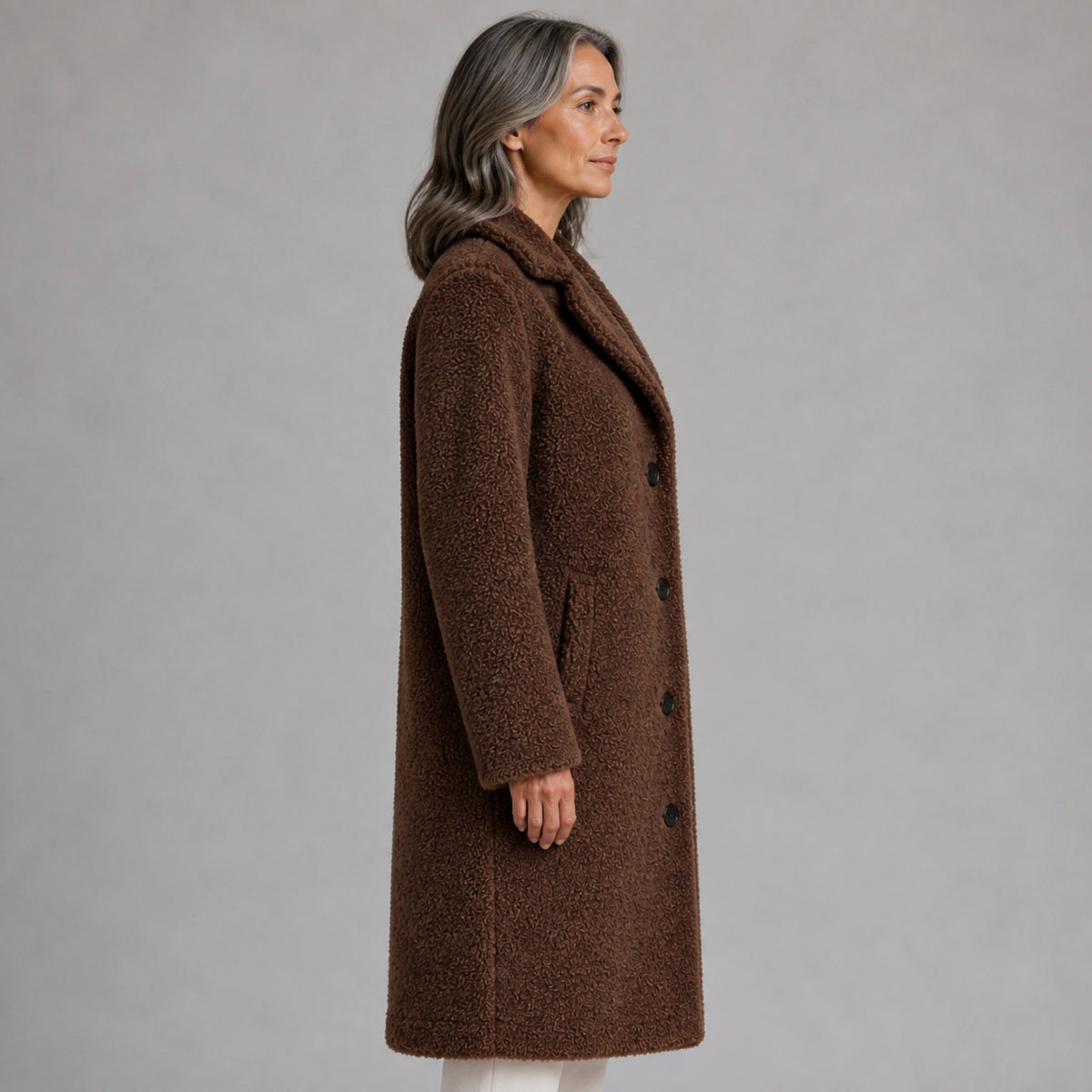 winter coat — Chocolate brown teddy fleece coat true side view — view 5