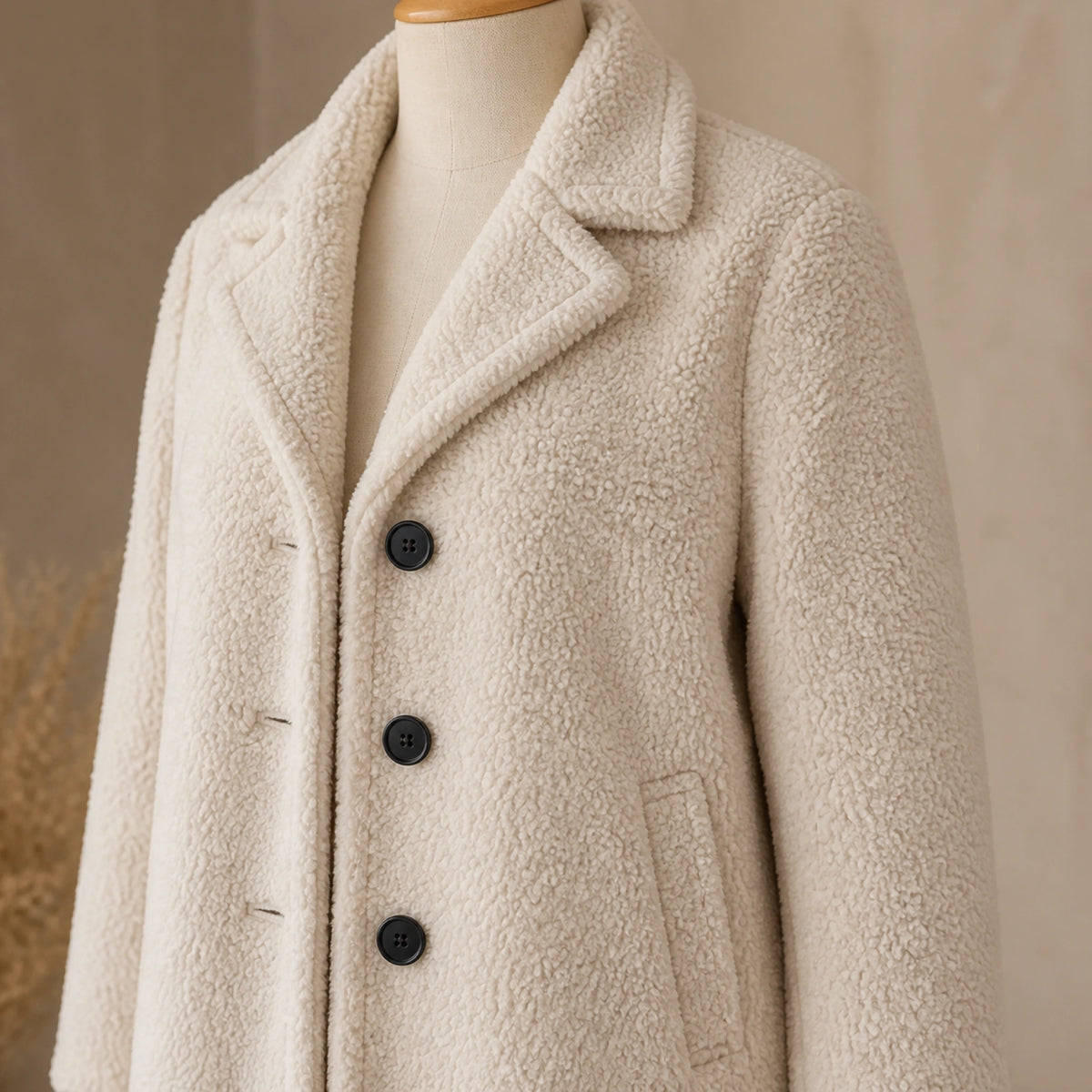 winter coat — Ivory teddy coat lapel buttons pockets seams and dense fleece detail — view 6
