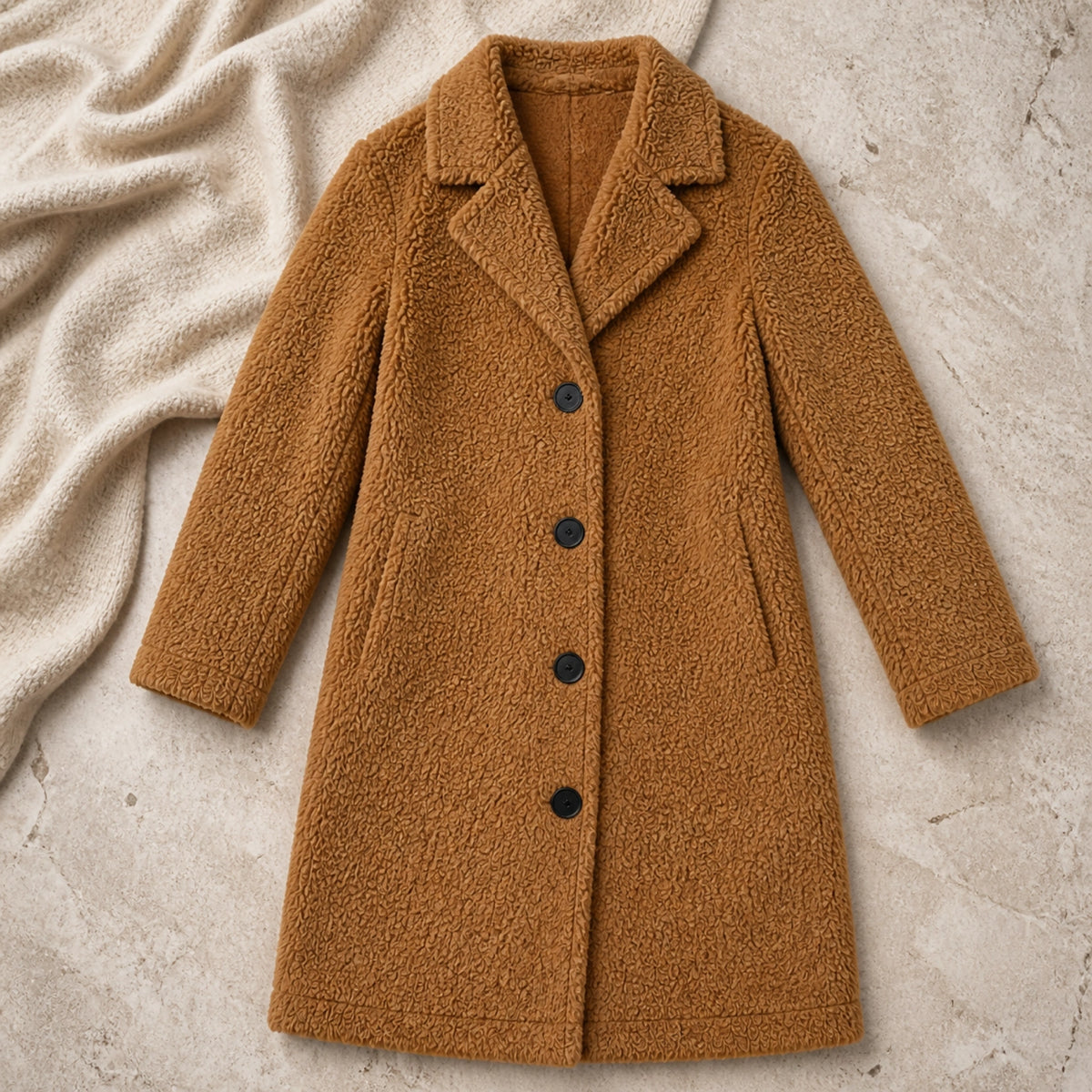 winter coat — Camel long teddy fleece button coat complete flat lay view — view 7