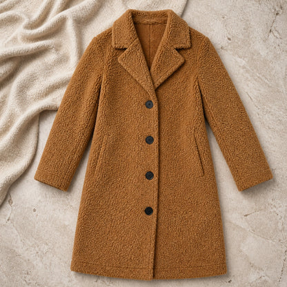 winter coat — Camel long teddy fleece button coat complete flat lay view — view 7