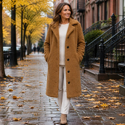 winter coat — Mature woman wearing camel teddy fleece coat on an autumn city street — view 8