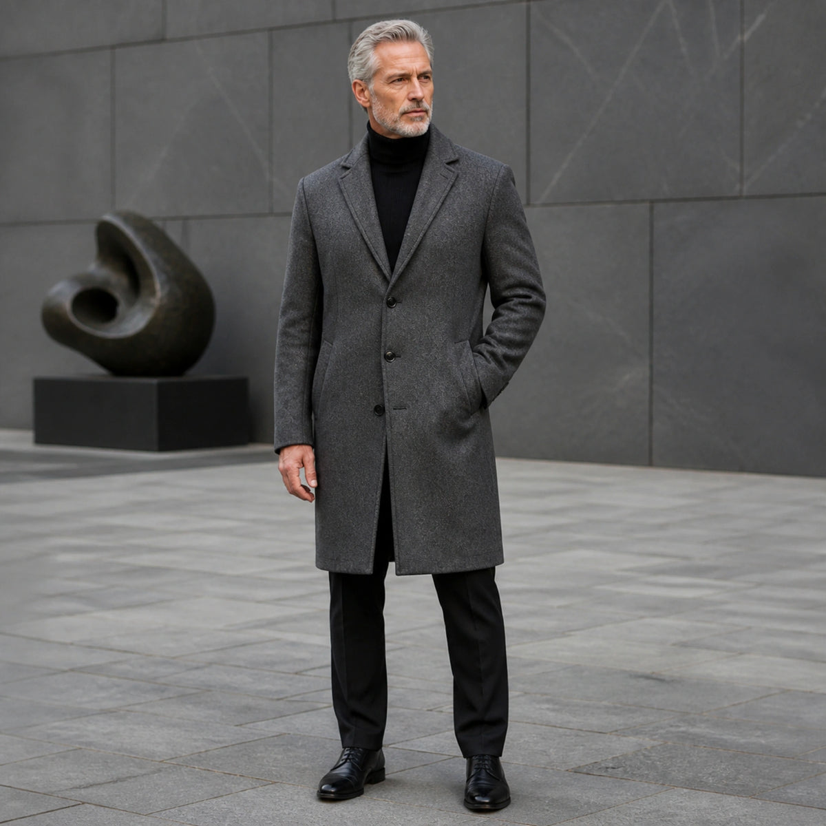 winter coat — Dark gray three button long winter overcoat complete front view