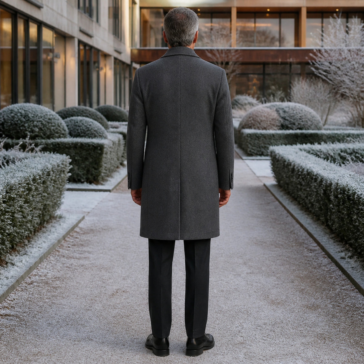winter coat — Dark gray long winter overcoat direct rear view — view 10