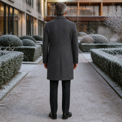 winter coat — Dark gray long winter overcoat direct rear view — view 10